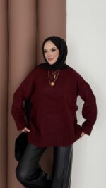 Bisiklet Yaka Oversize Kadın Kazak - Bordo - Görsel 5