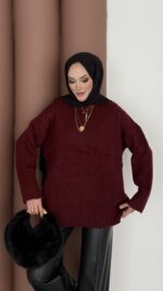Bisiklet Yaka Oversize Kadın Kazak - Bordo - Görsel 6