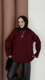 Bisiklet Yaka Oversize Kadın Kazak - Bordo - Görsel 2