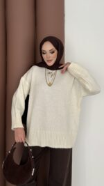 Bisiklet Yaka Oversize Kadın Kazak - Ekru - Görsel 3