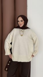 Bisiklet Yaka Oversize Kadın Kazak - Ekru