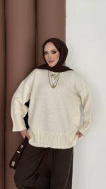 Bisiklet Yaka Oversize Kadın Kazak - Ekru - Görsel 4