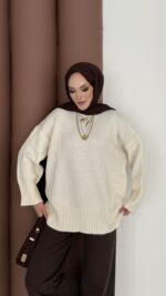 Bisiklet Yaka Oversize Kadın Kazak - Ekru - Görsel 2