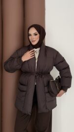 Muadil İp Bağlamalı Şişme Mont - Acı Kahve - Görsel 4