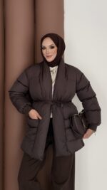 Muadil İp Bağlamalı Şişme Mont - Acı Kahve - Görsel 2