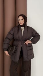 Muadil İp Bağlamalı Şişme Mont - Acı Kahve - Görsel 3