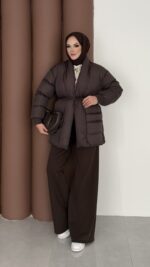 Muadil İp Bağlamalı Şişme Mont - Acı Kahve - Görsel 6