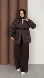 Muadil İp Bağlamalı Şişme Mont - Acı Kahve - Görsel 8