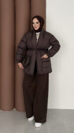 Muadil İp Bağlamalı Şişme Mont - Acı Kahve - Görsel 7