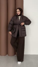 Muadil İp Bağlamalı Şişme Mont - Acı Kahve - Görsel 5