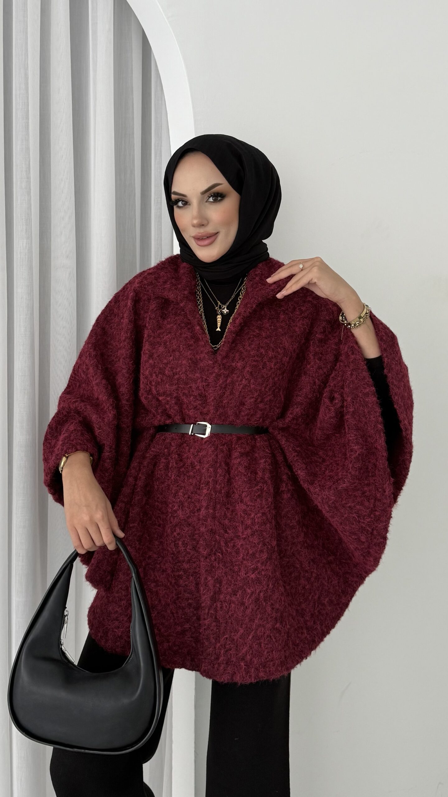 img_0345.jpeg Premium Kılçıklı Kemerli Panço - Bordo - Görsel 1