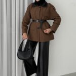 Deri Yakalı Muadil Kemerli Trenç - Kahverengi