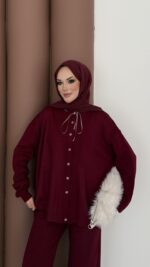 Retro Triko İkili Takım - Bordo - Görsel 9