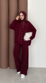 Retro Triko İkili Takım - Bordo - Görsel 3