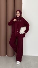 Retro Triko İkili Takım - Bordo - Görsel 2