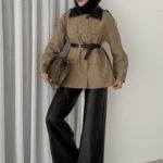 Deri Yakalı Muadil Kemerli Trenç - Haki