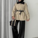 Deri Yakalı Muadil Kemerli Trenç - Bej