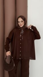 Retro Triko İkili Takım - Kahverengi - Görsel 9