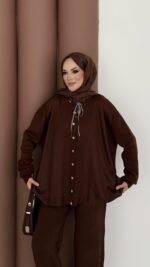 Retro Triko İkili Takım - Kahverengi - Görsel 5