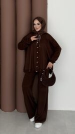 Retro Triko İkili Takım - Kahverengi - Görsel 4