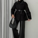 Deri Yakalı Muadil Kemerli Trenç - Siyah