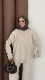 Retro Triko İkili Takım - Bej - Görsel 8