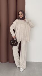 Retro Triko İkili Takım - Bej - Görsel 3