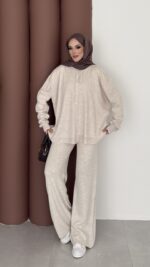 Retro Triko İkili Takım - Bej - Görsel 2