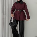 Deri Yakalı Muadil Kemerli Trenç - Bordo