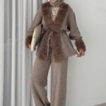 Angora Kürklü Triko İkili Takım - Latte