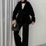 Angora Kürklü Triko İkili Takım - Siyah