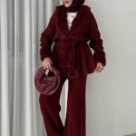 Angora Kürklü Triko İkili Takım - Bordo