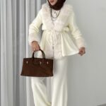 Angora Kürklü Triko İkili Takım - Beyaz