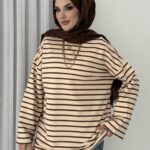 Kapsül Basic Çizgili Sweat - Kahverengi