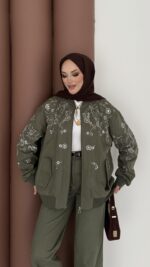 Marka Muadili Gabardin Bomber Ceket İkili Takım - Haki - Görsel 6