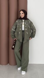 Marka Muadili Gabardin Bomber Ceket İkili Takım - Haki - Görsel 2