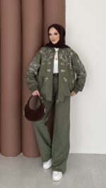 Marka Muadili Gabardin Bomber Ceket İkili Takım - Haki