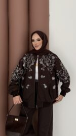 Marka Muadili Gabardin Bomber Ceket İkili Takım - Kahverengi - Görsel 4