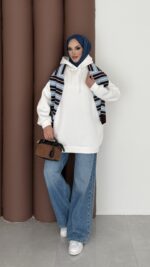 Oversize Basic Şardonlu Sweat - Ekru - Görsel 3