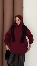 Oversize Basic Şardonlu Sweat - Bordo - Görsel 3