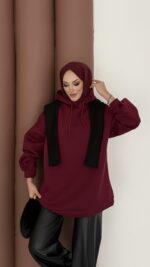 Oversize Basic Şardonlu Sweat - Bordo - Görsel 4