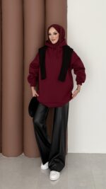 Oversize Basic Şardonlu Sweat - Bordo