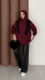Oversize Basic Şardonlu Sweat - Bordo - Görsel 2