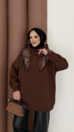 Oversize Basic Şardonlu Sweat - Kahverengi - Görsel 5