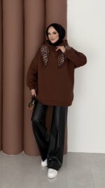 Oversize Basic Şardonlu Sweat - Kahverengi - Görsel 3