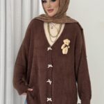 Ayıcık Aksesuarlı  Sakallı Yumoş Hırka - Kahverengi