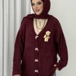 Ayıcık Aksesuarlı  Sakallı Yumoş Hırka - Bordo