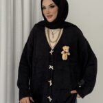 Ayıcık Aksesuarlı  Sakallı Yumoş Hırka - Siyah