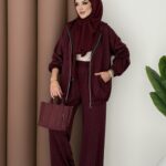 Fashion Taşlı Bomber İkili Takım - Bordo