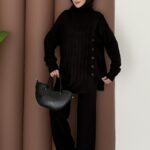 Sık Örme Fitilli Triko Takım - Siyah